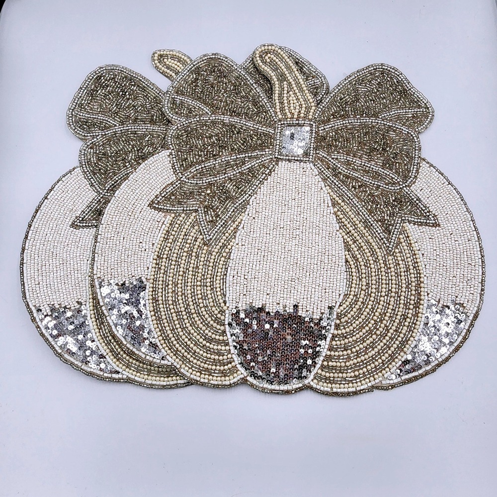 Rachel Zoe Pumpkin With Bow Beaded Placemats Chargers Fall Thanksgiving 2 Pc 15"